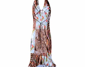 Roberto Cavalli vintage 2003 patchwork halter mermaid midi dress