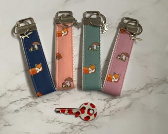 Handmade Fox Fabric Keyfob/handmade Keychain/Fox fabric gift/Fabric Key grip/Fox & Mushrooms Fabric Keyring strap/Wildlife Fabric Keyfob