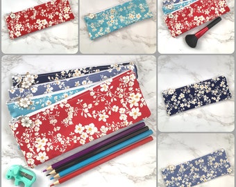 Handmade Floral Fabric Zippered Skinny Pencil Case/Small zippered pouch/small storage pouch/cosmetic brush pouch/small make up pouch case