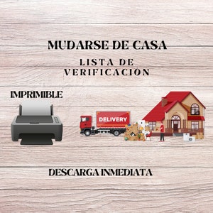 Op de afbeelding: Een afdrukbare verhuischecklist met een rood huis, een bestelwagen en dozen. De tekst luidt "Mudarse de Casa Lista de Verificación Imprimible Descarga Inmediata" wat "Verhuischecklist Afdrukbaar Nu downloaden" betekent.
