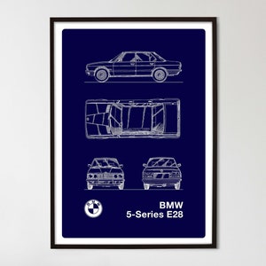 May include: A white line drawing of a BMW 5-Series E28 on a dark blue background. The drawing shows the car from the side, front, and top views. The text "BMW 5-Series E28" is below the drawing.