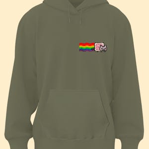 A green hoodie with a rainbow flag design on the front.