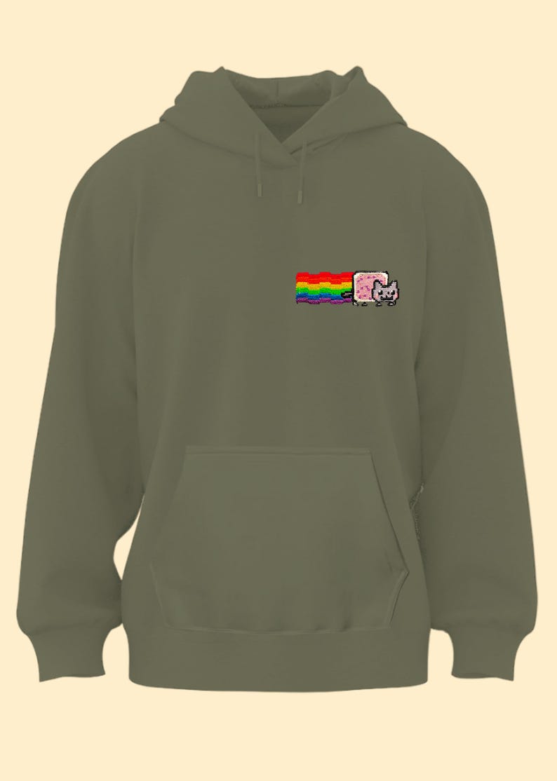 A green hoodie with a rainbow flag design on the front.