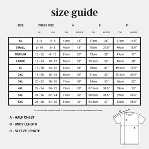 May include: Size guide chart for clothing with measurements in inches and centimeters. The chart shows sizes from XS to 6XL with corresponding UK and US sizes. The chart also includes measurements for half chest, body length, and sleeve length.