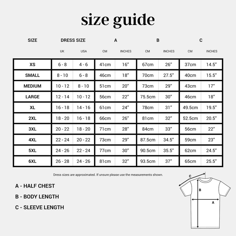 the size guide for a t - shirt