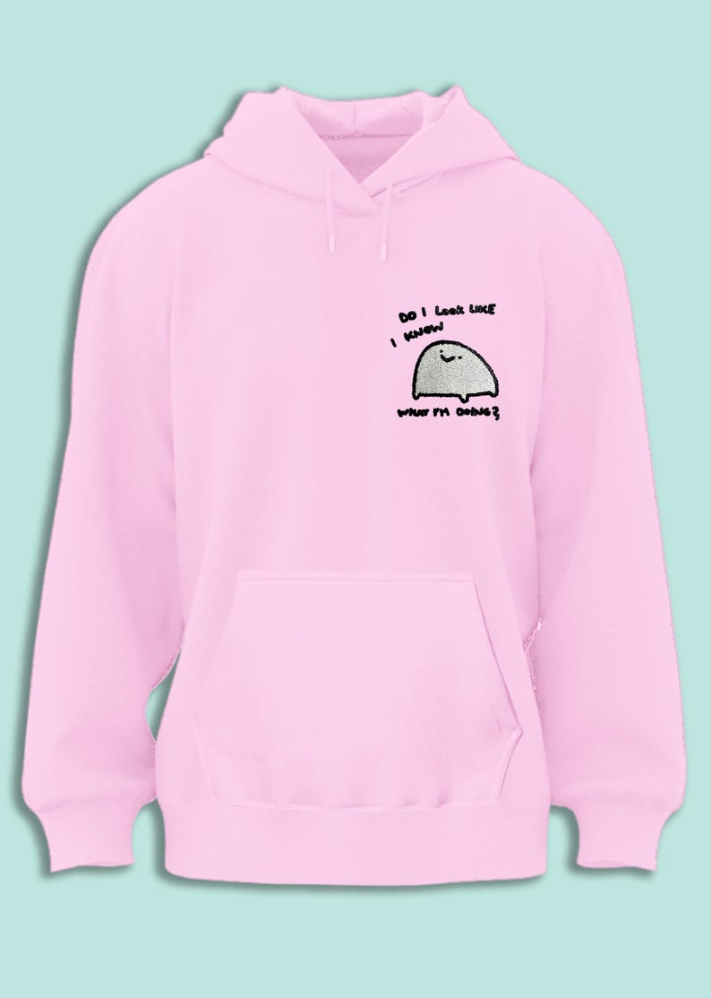 A pink hoodie with a small cartoon character on the front.