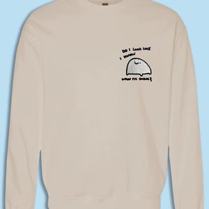 A beige sweater with a small cartoon character on the front.
