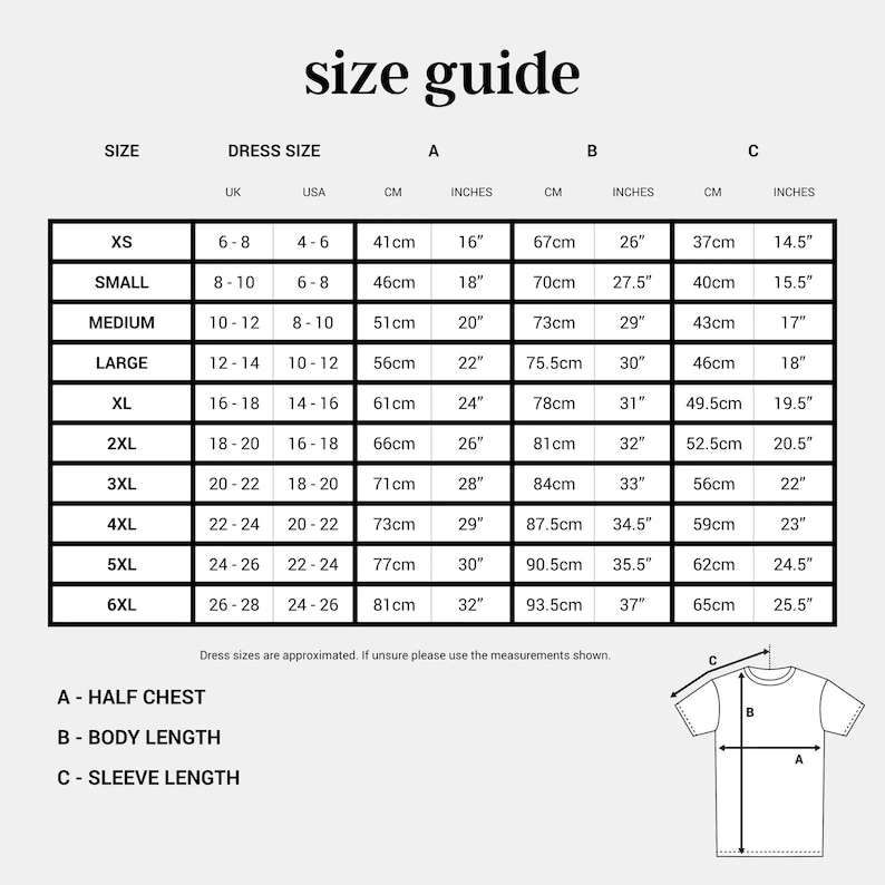 the size guide for a t - shirt