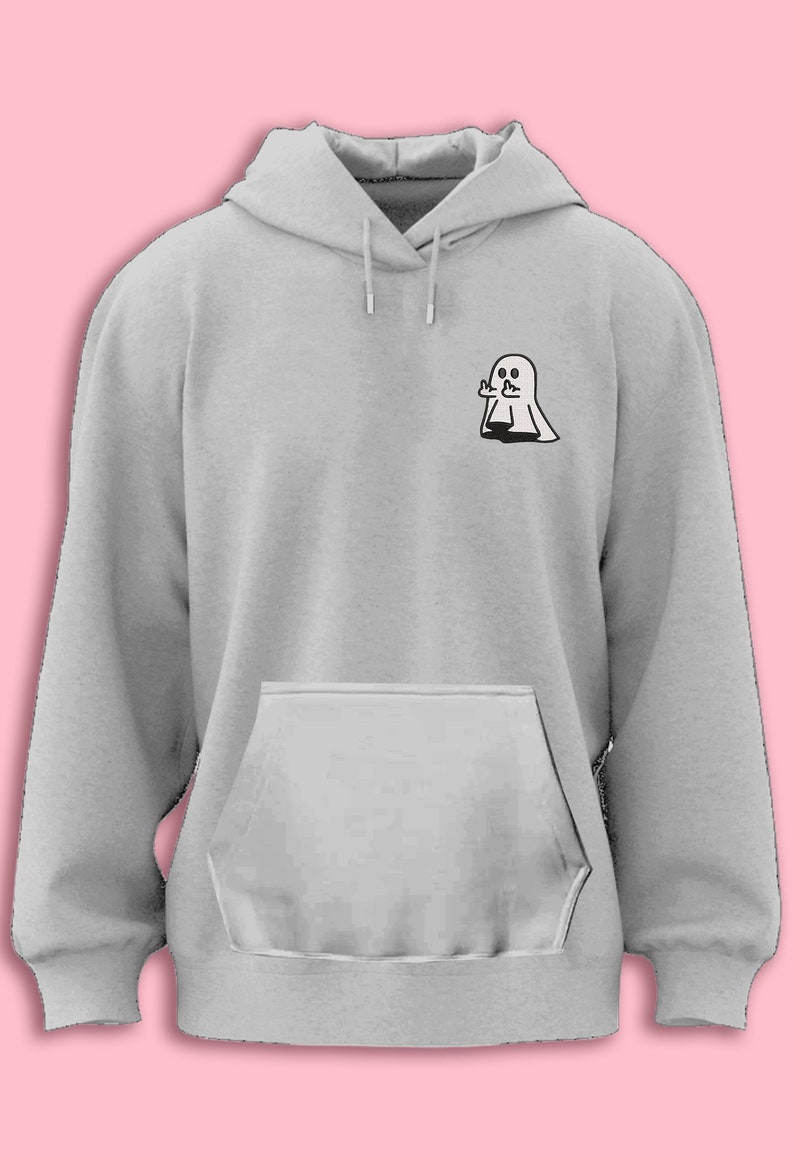 May include: A gray hooded sweatshirt with a small black and white ghost graphic on the left chest. The ghost is giving a middle finger.