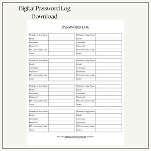 Puede incluir: Una descarga de registro de contraseñas digital con el título "PASSWORD LOG". El registro incluye campos para el nombre del sitio web o aplicación, correo electrónico, nombre de usuario, contraseña, PIN o código de seguridad y notas. Documento blanco con texto negro.