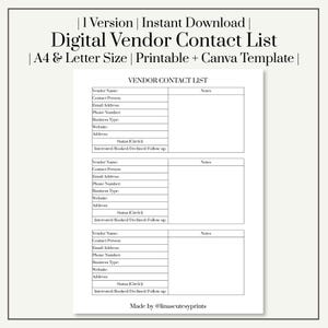 Puede incluir: Una plantilla digital de lista de contactos de proveedores con fondo blanco y texto negro. La plantilla incluye campos para el nombre del proveedor, información de contacto y notas. El texto "Digital Vendor Contact List" está en la parte superior. Disponible en tamaños A4 y Carta.
