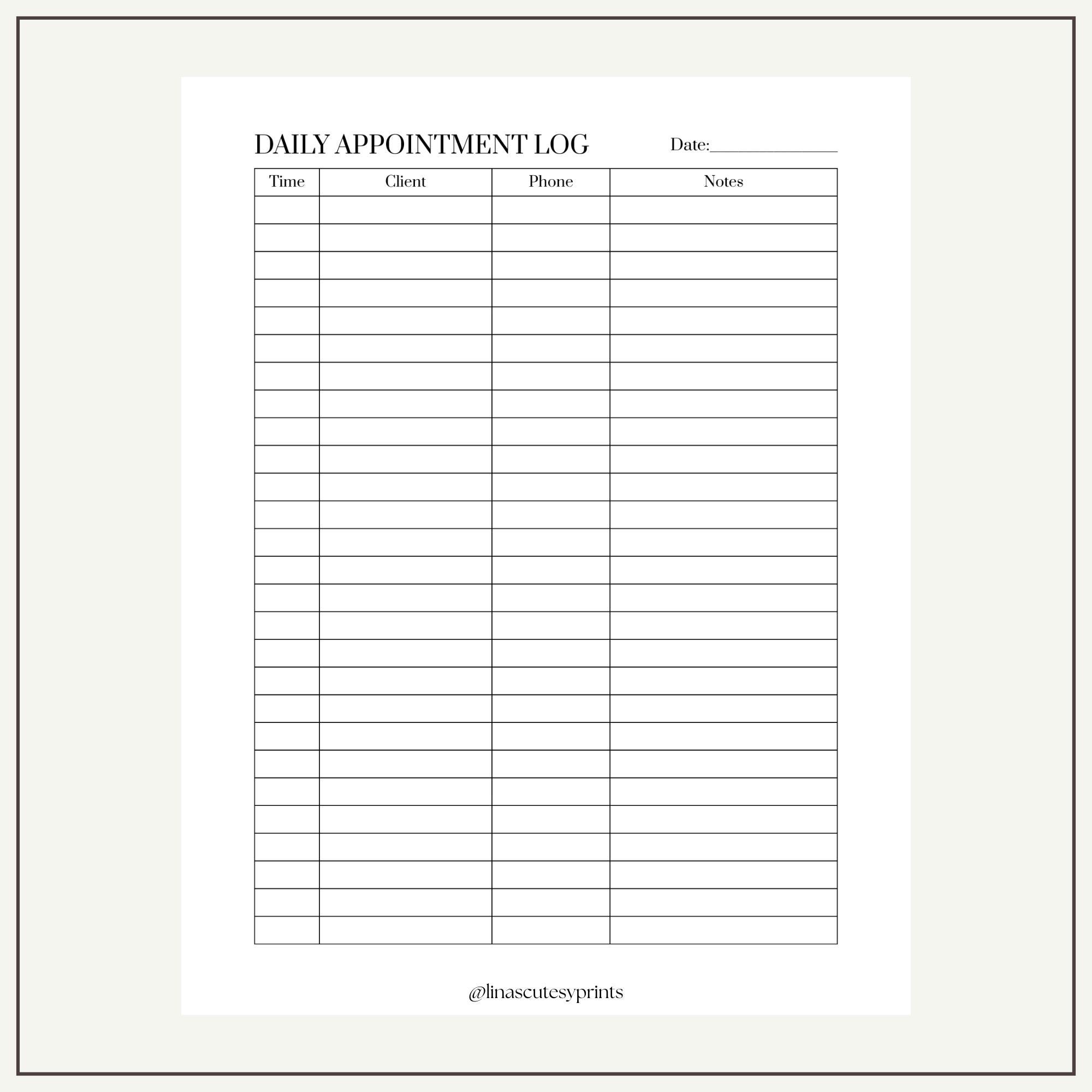 Daily Appointment Log Printable | Appointment Tracker | Client Schedule ...