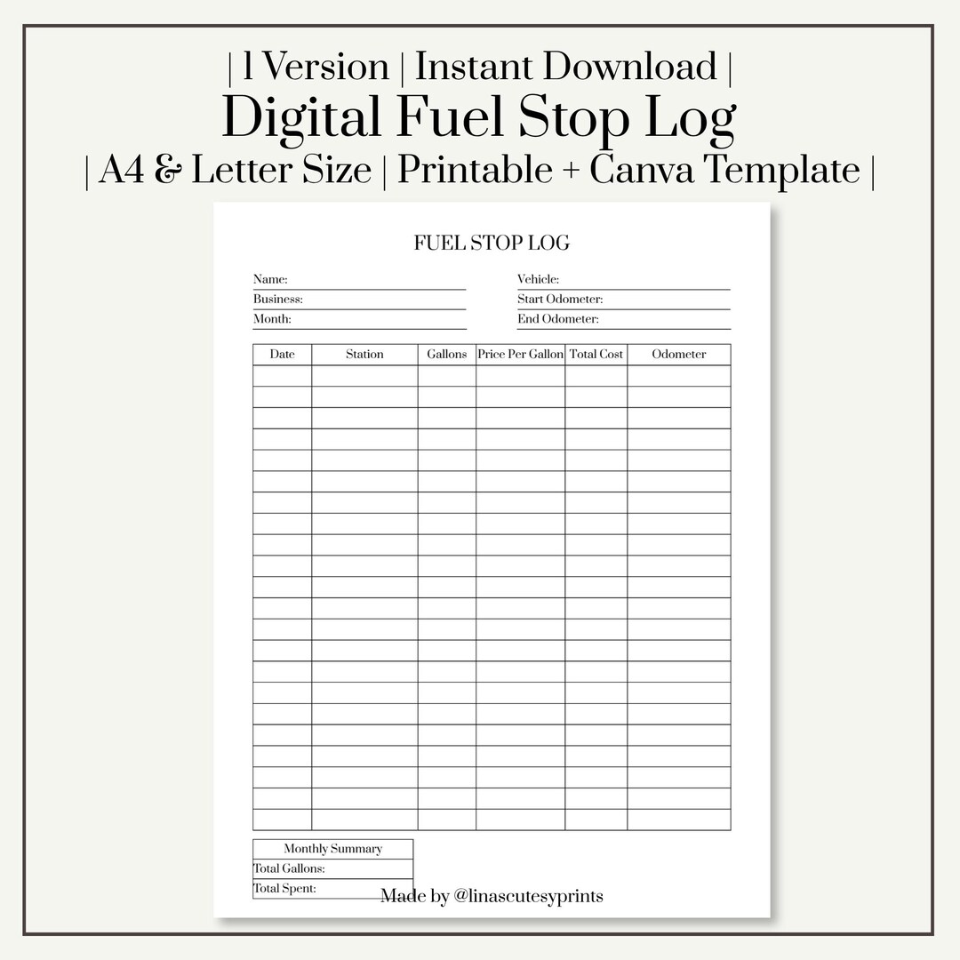 Fuel Log Printable PDF, Mileage Tracker, Fuel Expense Log, Gas Mileage ...