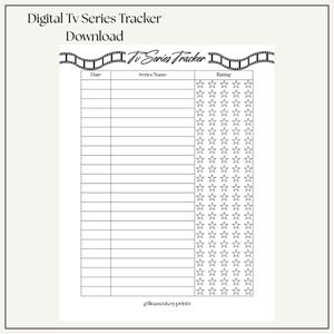 Op de afbeelding: Een zwart-wit digitale tv-serietracker download. De bovenkant van de tracker heeft een filmstripontwerp. De tracker bevat secties voor datum, seriename en beoordeling, met sterpictogrammen voor beoordeling. De tekst "Digital Tv Series Tracker Download" staat bovenaan.