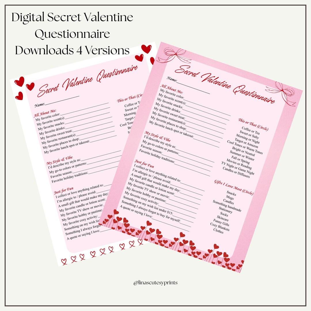 Questionnaire Example Cute Secret Valentine Questionnaire Printable | Valentine Gift Exchange ...