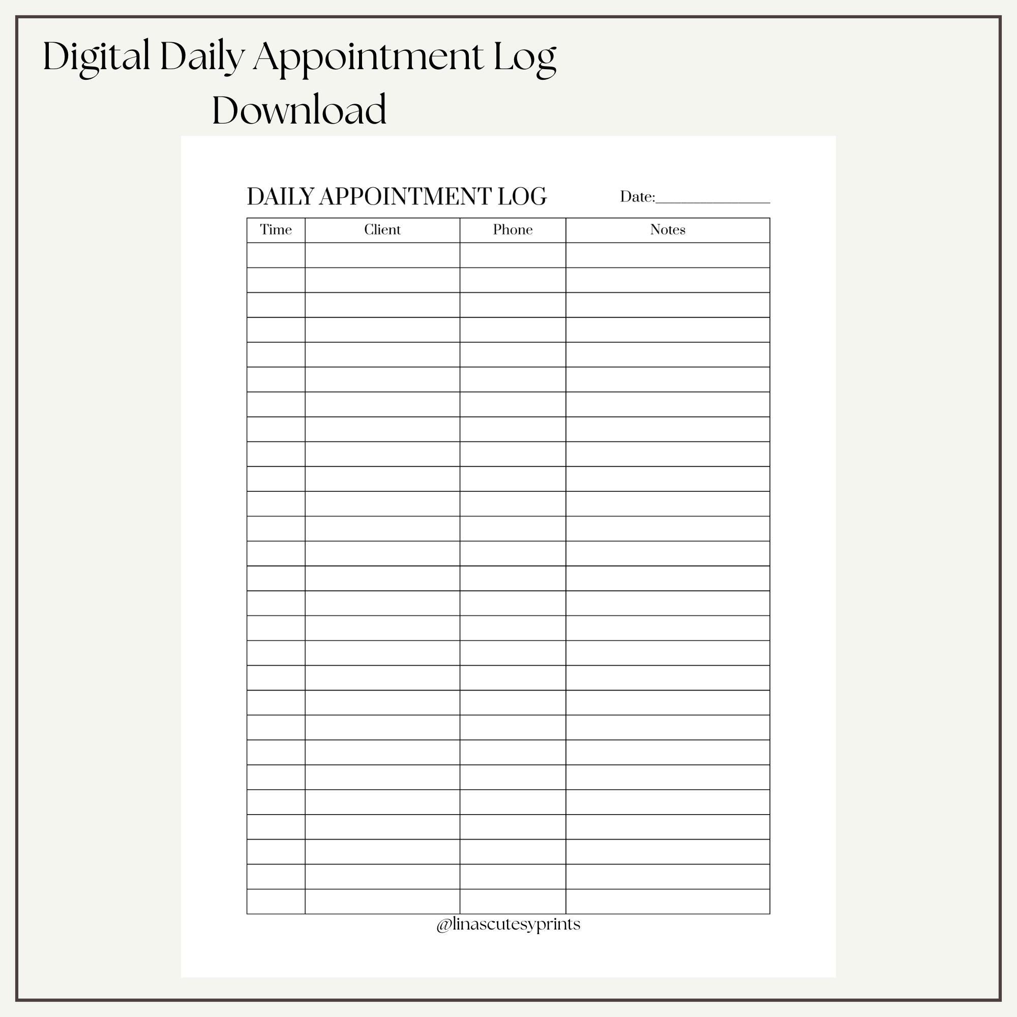 Daily Appointment Log Printable | Appointment Tracker | Client Schedule ...