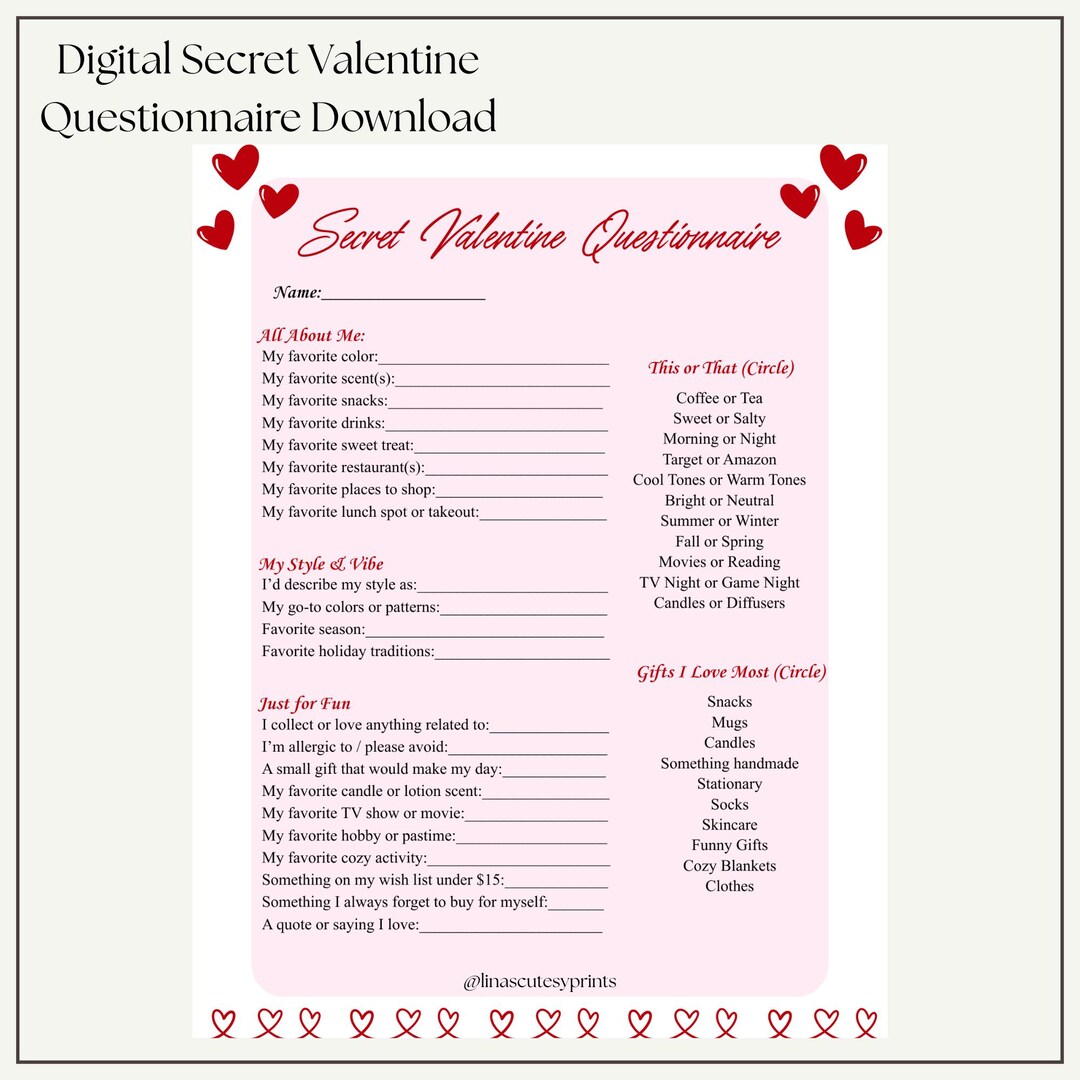 Questionnaire Example Cute Secret Valentine Questionnaire Printable | Valentine Gift Exchange ...