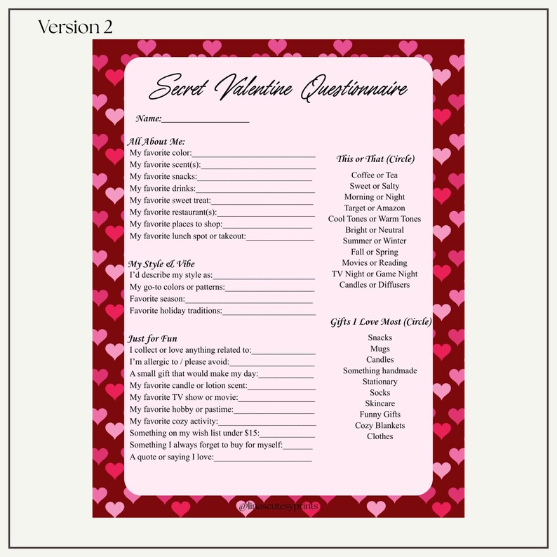 Questionnaire Example Cute Secret Valentine Questionnaire Printable | Valentine Gift Exchange ...