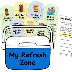 May include: A blue and white cooler with the words "My Refresh Zone" on the front. The cooler is open and has several colorful cards inside with coping skills listed on them. The cards include "Listen to music", "Ask for a hug", "Go for a walk", "Drink water", "Ask for help", "Breathe deeply", and "Think happy thoughts". There is also a chart titled "Coping Skills Tracker" with a table to track coping skills used and how well they worked.