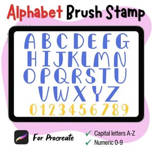 Può includere: Un'illustrazione digitale di un alfabeto e numeri di timbro a pennello per l'app Procreate. L'alfabeto è in blu e i numeri sono in giallo. Il testo recita "Alphabet Brush Stamp" e "For Procreate".