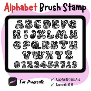 May include: A digital brush stamp set for Procreate featuring a zebra print alphabet and numbers. The letters are uppercase and the numbers are 0-9.