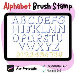 May include: A digital illustration of a brush stamp for the Procreate app. The image shows the alphabet in uppercase letters and numbers 0-9. The letters and numbers are blue and outlined in black. The background is white.