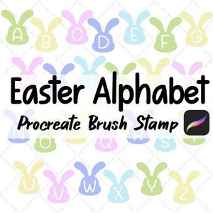 May include: Easter alphabet brush stamp for Procreate app. The letters are in a cute bunny design with pastel colors.