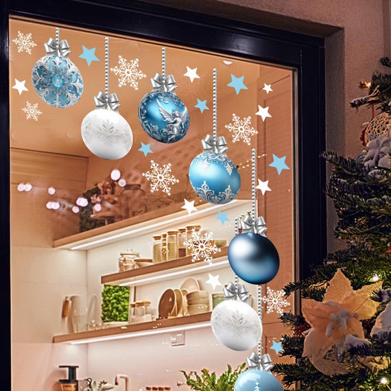 Adesivi natalizi 3D per finestre, adesivi natalizi con fiocchi di neve blu, decorazioni fai da te per feste - Italia