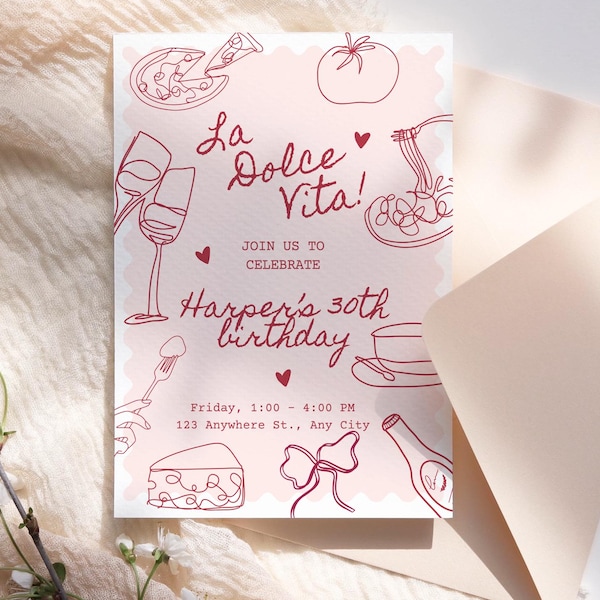 Convite de aniversário La Dolce Vita: tema italiano, design ondulado (download digital)