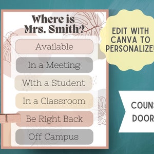 Counselor Away Door Sign, School Counselor Door Sign, Editable Office Door Status, Editable Sign for Counselor, Wheres the Counselor Sign
