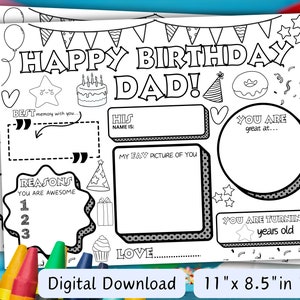 Página para colorear de Feliz cumpleaños papá, hoja de actividades para mantel individual para papá, regalo para papá, tarjeta imprimible para papá, espacios en blanco para completar con todo sobre papá, cumpleaños de papá