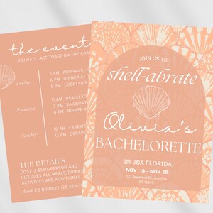 Beach Bachelorette Party Invitation itinerary Shell-abrate invite 30A editable template Ocean theme Coastal Bachelorette Evite CANVA KLGIFTS