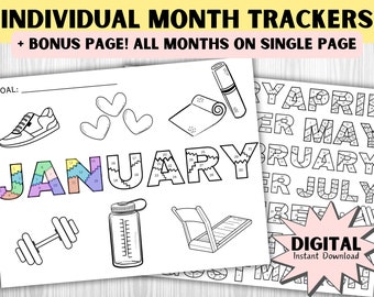 2025 Goal Coloring Tracker: Monthly Habit & Exercise (Printable PDF)