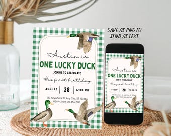 Lucky Duck 1st Birthday Invitation: Green Checkered E-vite (Digital)