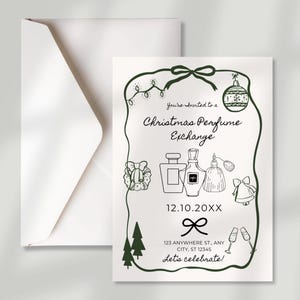 Könnte beinhalten: Eine weiße Einladungskarte mit grünem Rand und Illustrationen für einen Weihnachts-Parfum-Austausch. Die Karte enthält den Text "Sie sind zu einem Weihnachts-Parfum-Austausch eingeladen" und Veranstaltungsdetails.