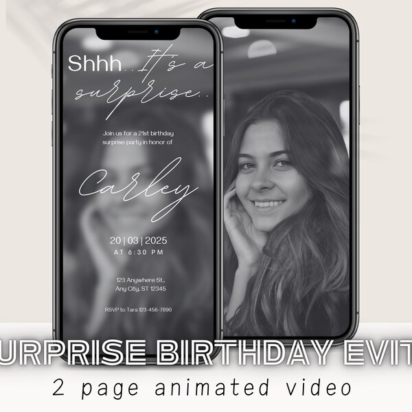 Custom Photo Birthday Evite Shhh Its a Surprise Animated Bday Invitation Evite Digital Invite Mobile Phone Evite Modern Instant Download