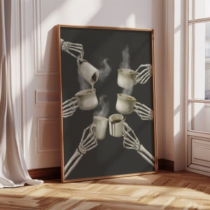 Skeleton Coffee Bar art Skeleton Holding coffee art Halloween Coffee bar poster fall spooky decor skeleton cheering wall art printable decor