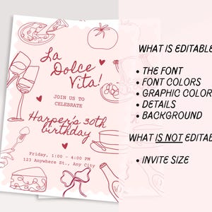 Peut inclure: Une invitation imprimable rose et blanche avec du texte rouge et des illustrations. Le texte indique "La Dolce Vita !" et "Harper's 30th birthday". L'invitation comprend des d&eacute;tails pour une f&ecirc;te le vendredi de 13h00 &agrave; 16h00 au 123 Anywhere St., Any City.