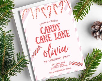 Faire-part d'anniversaire Candy Cane Lane, invitation modifiable pour les vacances d'hiver (téléchargement numérique)