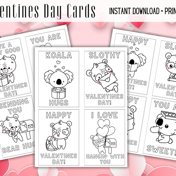 Color Me Valentine Cards, Valentine Coloring for School, Sloth Colorable Greeting Cards, Animal Theme Kids Valentines, Koala Bear Printables
