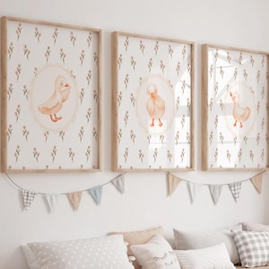 Impresión de pared con diseño de pato, diseño de cabaña rosa, para guardería, póster estético vintage, decoración de acuarela, para habitación de niña
