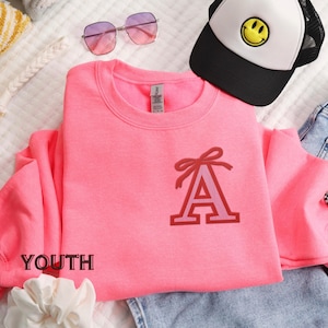 Youth Embroidered Initial Sweater, Coquette Bow Monogram, Kids Personalized Pullover