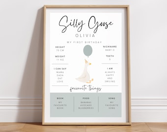 May include: A printable chart for a first birthday with a cute illustration of a goose wearing a party hat. The chart includes the child's name, age, height, weight, nickname, number of teeth, favorite things, and what they can say. The chart is in a light blue and white color scheme.