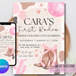 Disco Cowgirl Birthday Invite, Pink Rodeo Birthday, Editable Cowgirl Birthday Invitation, 1st Rodeo Bday Theme, Watercolor Cowgirl Invite