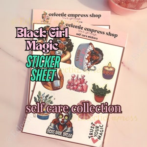 Self Care Woman Sticker Blatt | Schwarze Frauen Aufkleber | Black Girl Magic Aufkleber | Selbstliebe Aufkleber psychische Gesundheit Journal schwarz besitzt BLM