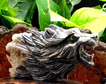 Hand Carved Howling Wolf Quartz Crystal Cluster Sculpture