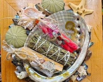 Abalone Smudge Kit: Cedar, Palo Santo, Selenite, Rose Altar Decor