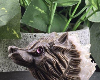 Hand Carved Howling Wolf Quartz Crystal Cluster - Metaphysical Spirit Animal