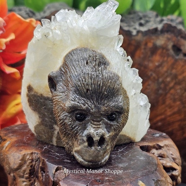 WOW! Amazing  Hand Carved Gorilla Crystal Quartz Cluster! Gift HandMade Sculpture, statue. monkey, primate ,gemstone, metaphysical, specimen