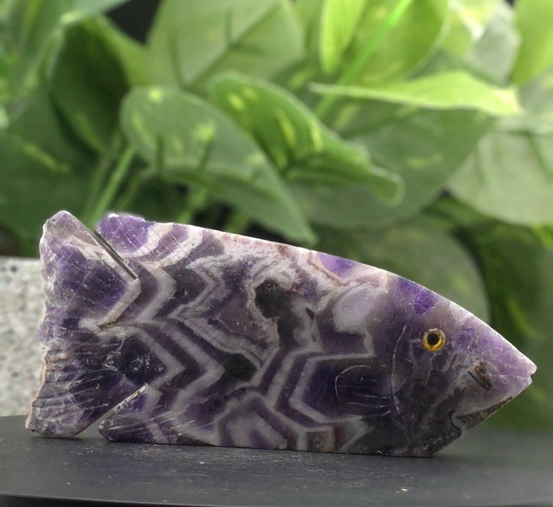 Hand-carved Chevron Amethyst Fish With Gold Eyes - Unique Crystal Art ...